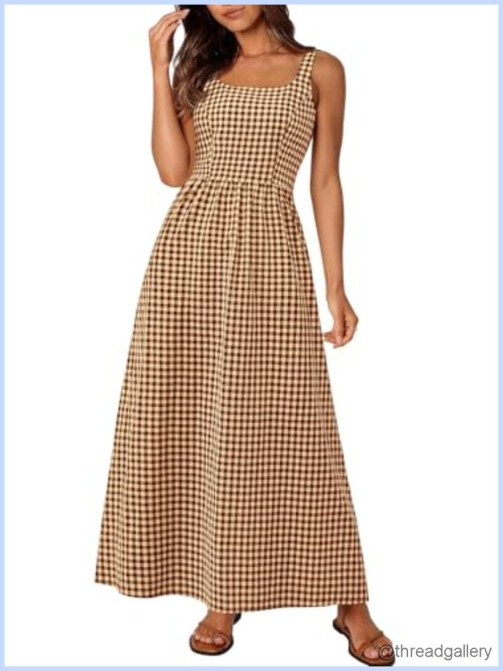 Women's Summer Gingham Maxi Long Dress Sleeveless Square Neck Smocked A-Line